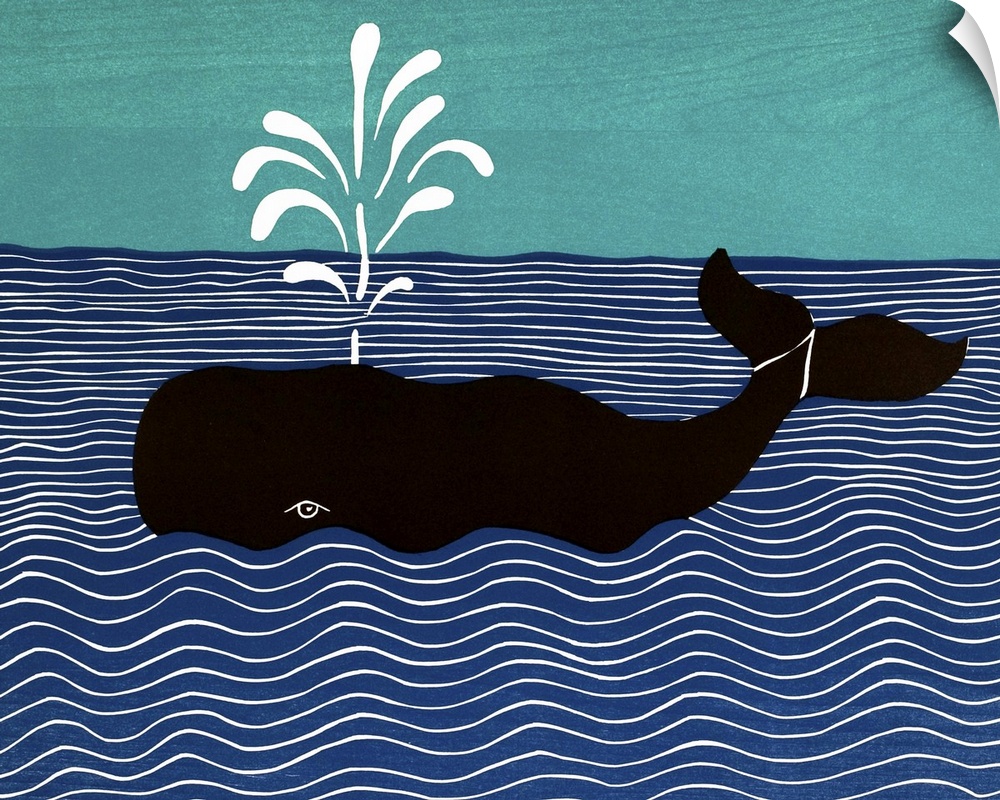 Illustration of a whale in the middle of the ocean spraying water from it's blowhole.