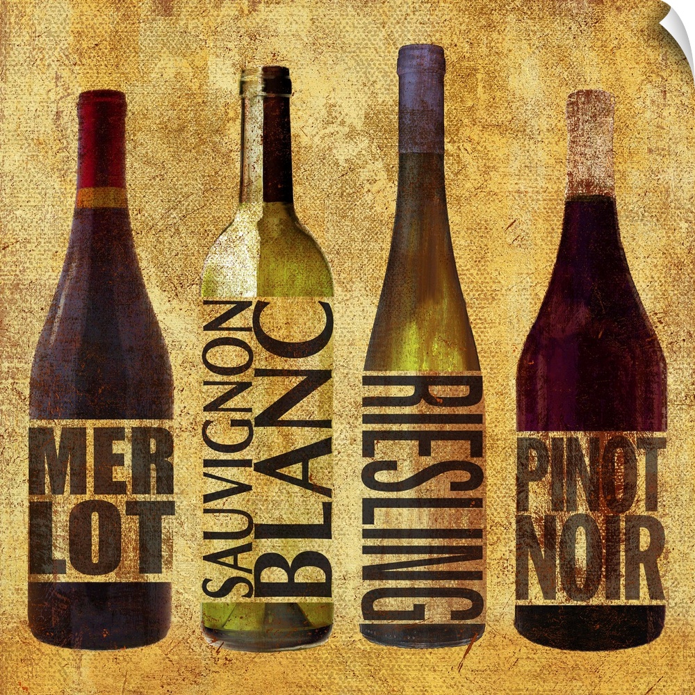 Four bottles of wine, including Merlot, Sauvignon Blanc, Riesling, and Pinot Noir.
