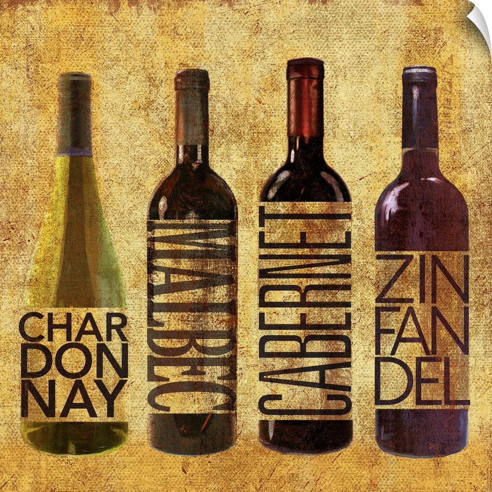 Four bottles of wine, including Chardonnay, Malbec, Cabernet, and Zinfandel.