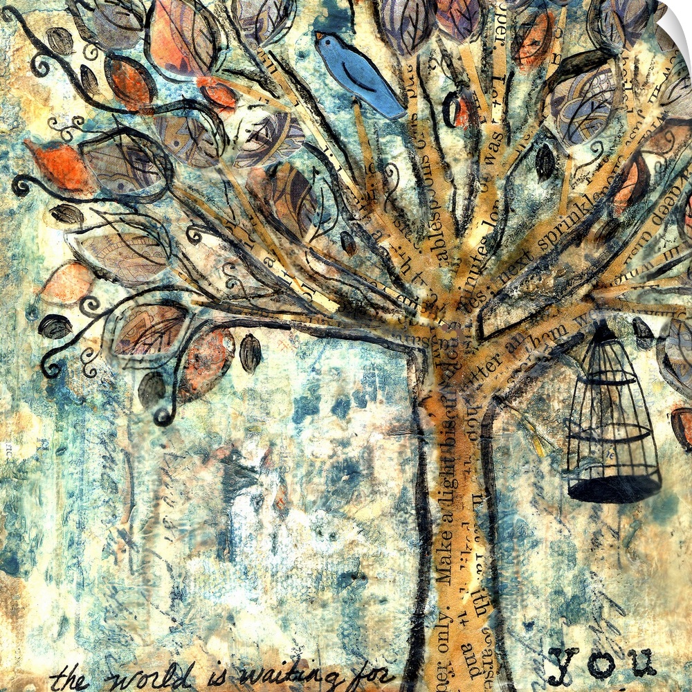 A blue bird in a tree with a cage hanging from a branch.