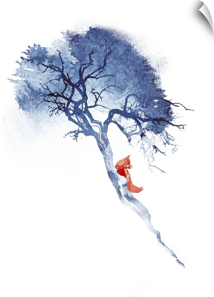 Contemporary artwork of a partial image of a red fox lying beside a tree.