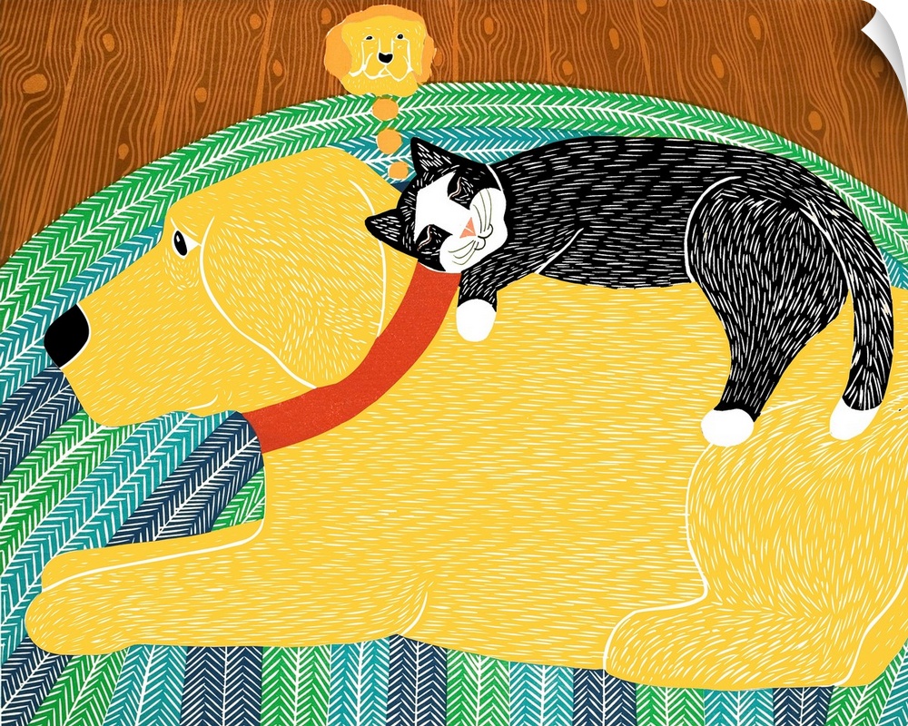 Illustration of a black cat napping on a yellow labs back dreaming of the dog while the dog lays wide-eyed.