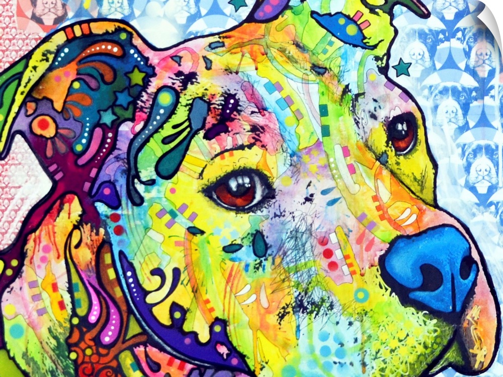 Contemporary artwork of a dog's outline filled with several multicolored patterns with a repeating dog face pattern in the...