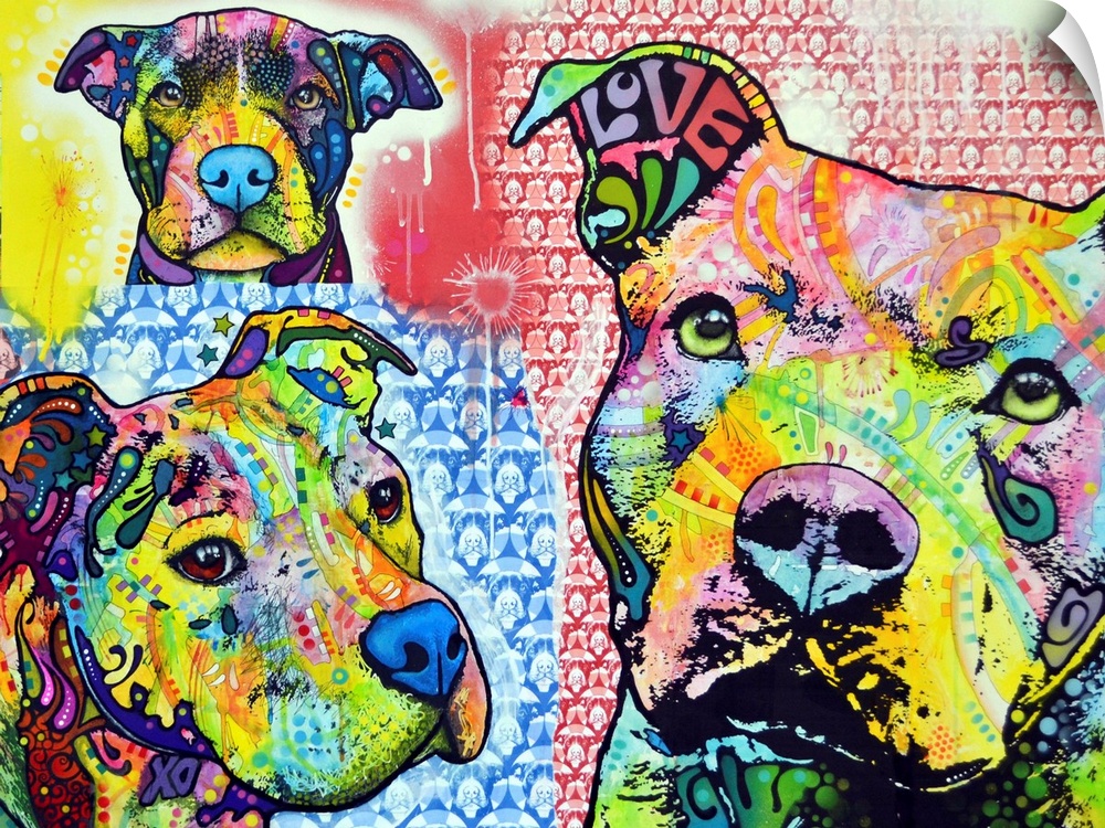 Abstractly painted canvas of three pit bulls with various patterns overlaid on top of them.