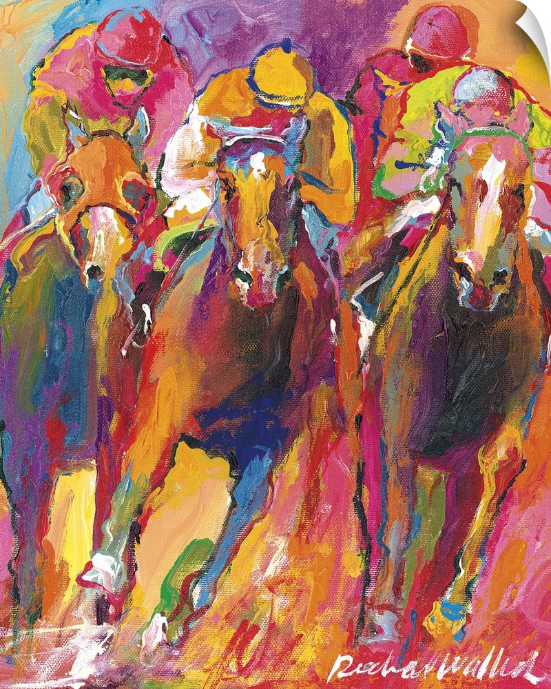 Contemporary colorful painting of jockeys racing on horseback.