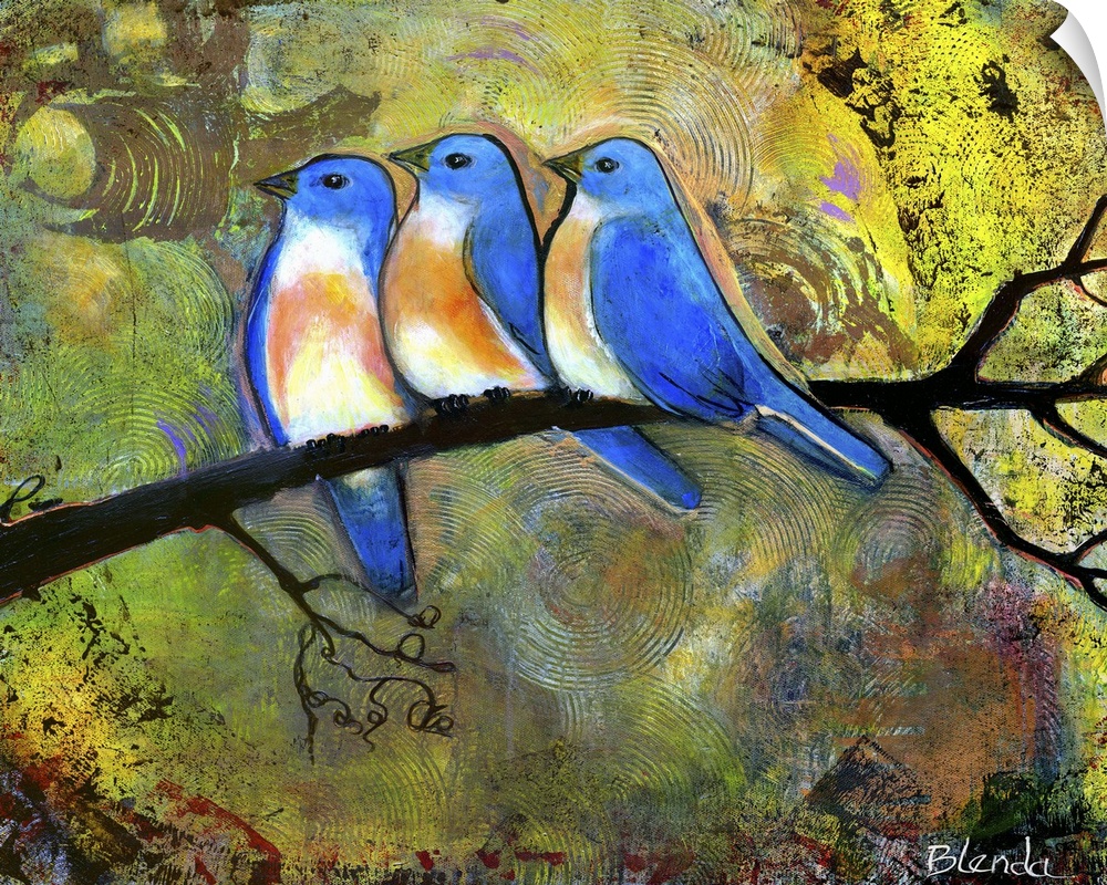Lighthearted contemporary painting of three bluebird perched on a tree branch.