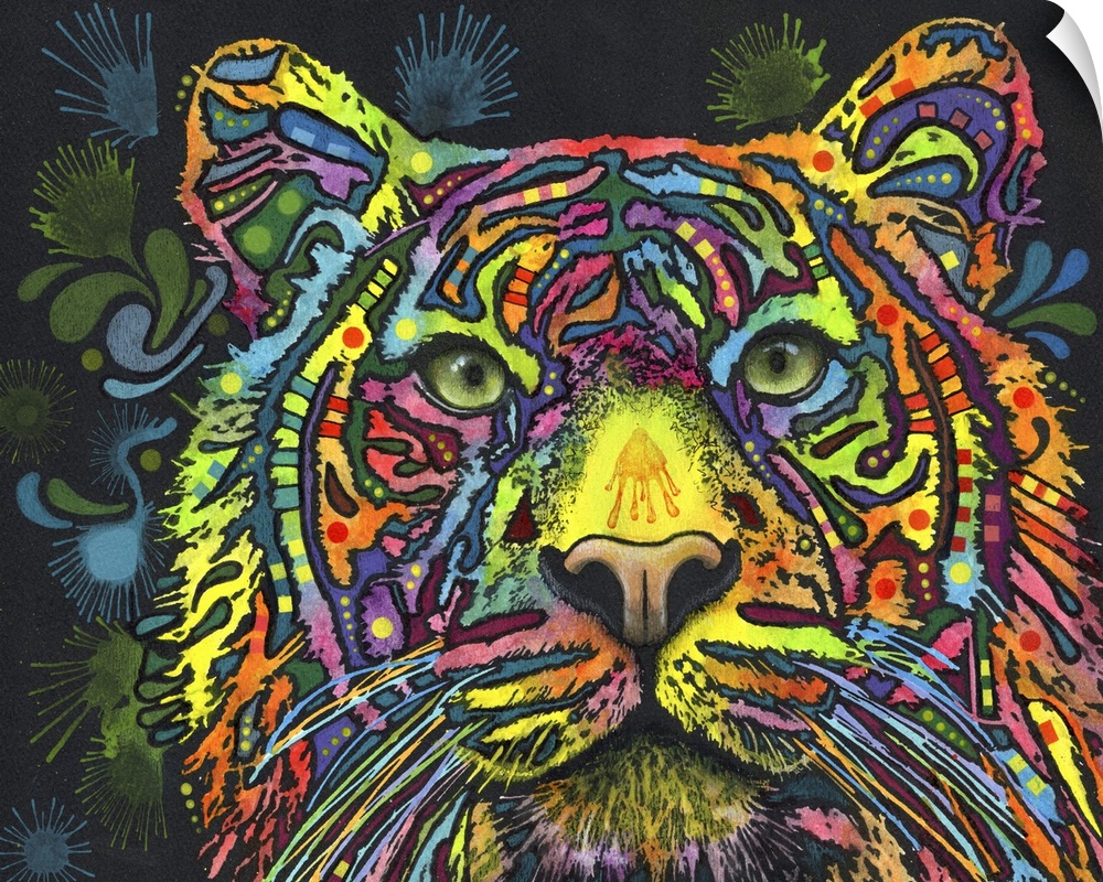 This is a horizontal illustration of a tiger that has been colored with rainbow colors.