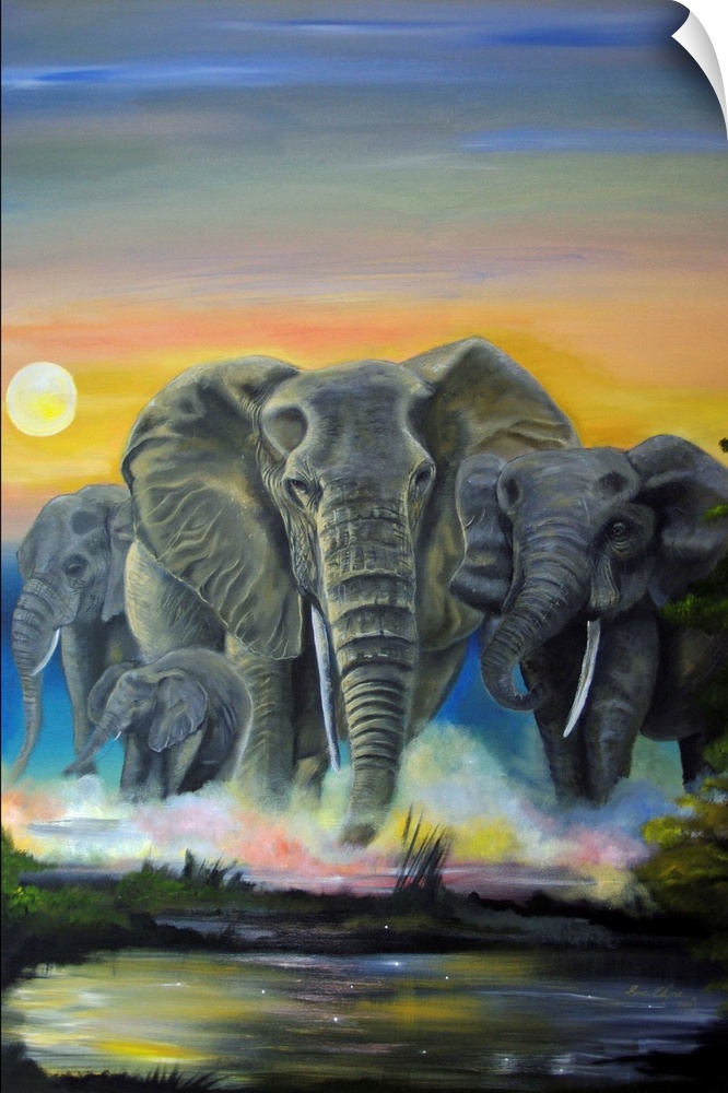 Contemporary artwork of elephants running through a stream at sunset.