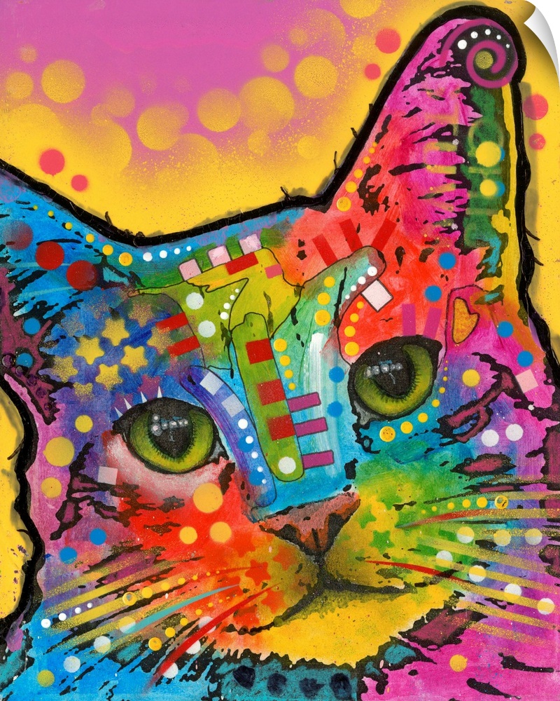 Colorful painting of a cat with geometric abstract markings on a pink and yellow background with polka dots.