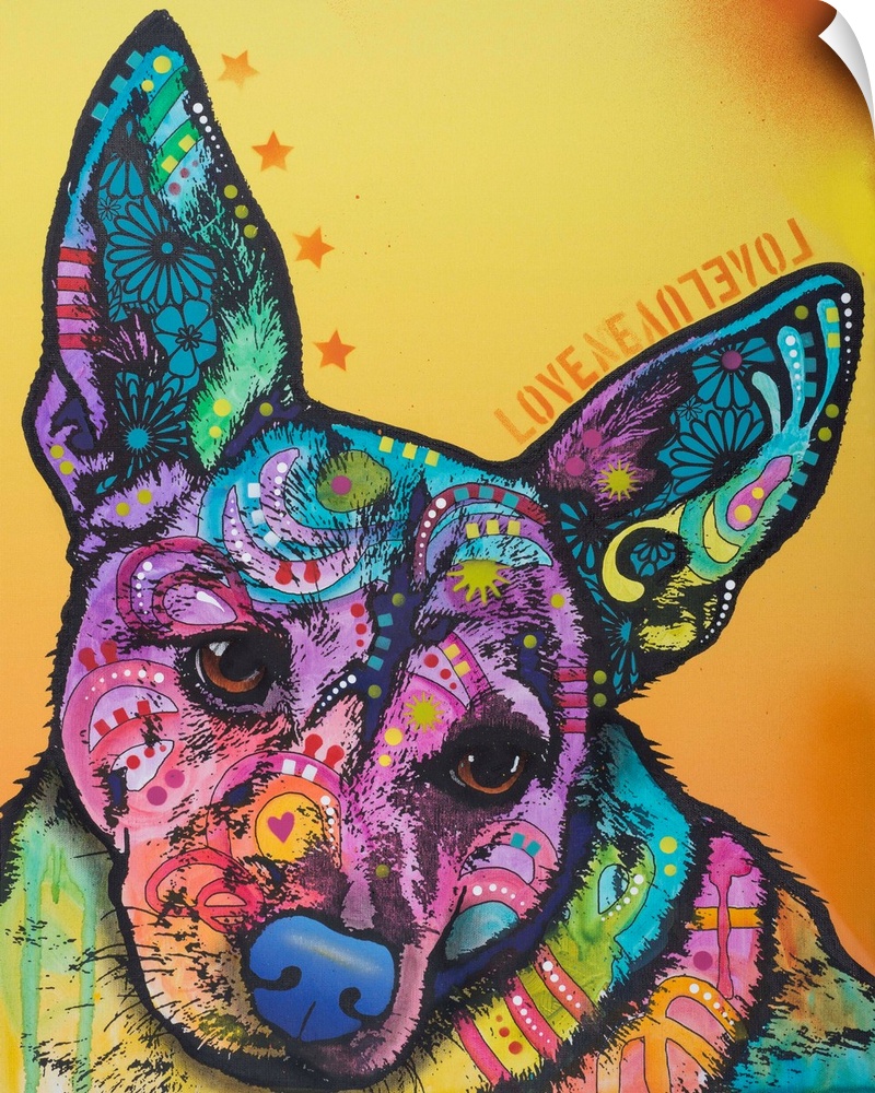 Pop art style painting of a a dog with tall ears lined with stars and the word "love" backwards and forwards on a yellow a...