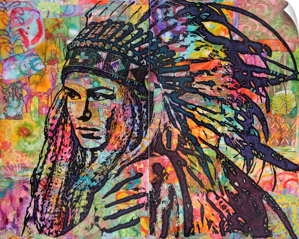 Colorful illustration of Tiva in a head dress on a collage-like background.