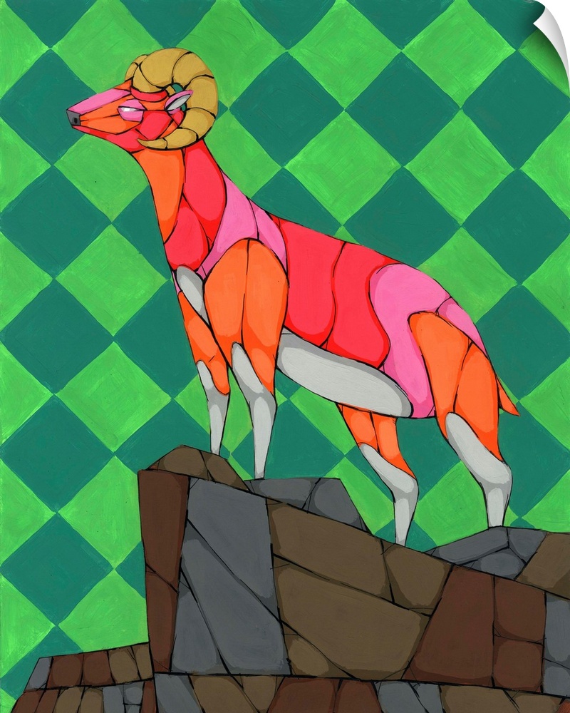 Colorful painting of a ram on top of a cliff with a green diamond patterned background.