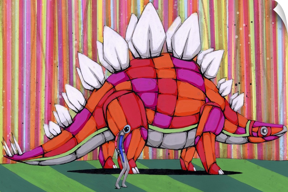 Pop art painting of a man walking with a stegosaurus.