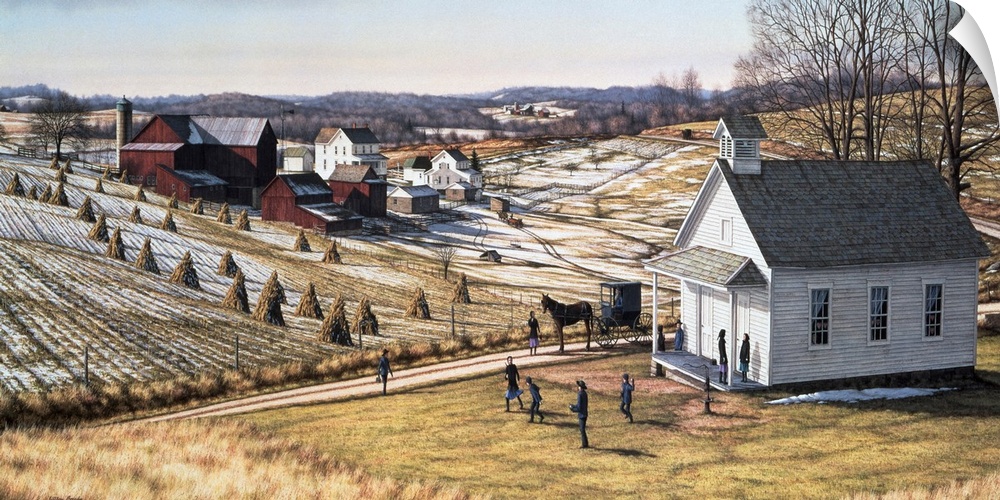 New England landscape winter-children playing in yard in front of school house, farms and houses are in the distance.