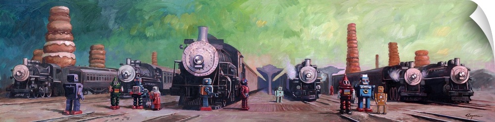 A contemporary painting of different colored retro toy robots standing in a train yard with giant steam engine trains all ...