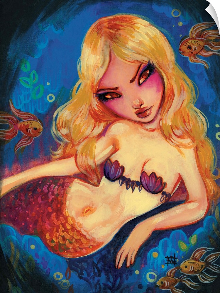 Fantasy painting of a blonde mermaid with goldfish.