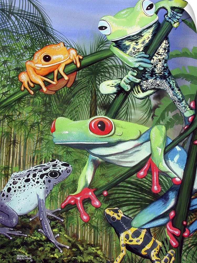 Tropical frogs sitting on branches of exotic plants.