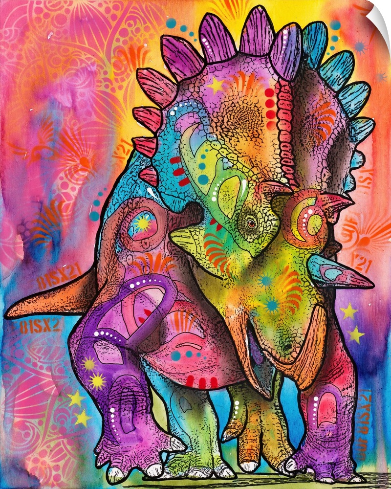 Pop art style painting with a colorful Triceratops with abstract markings all over.