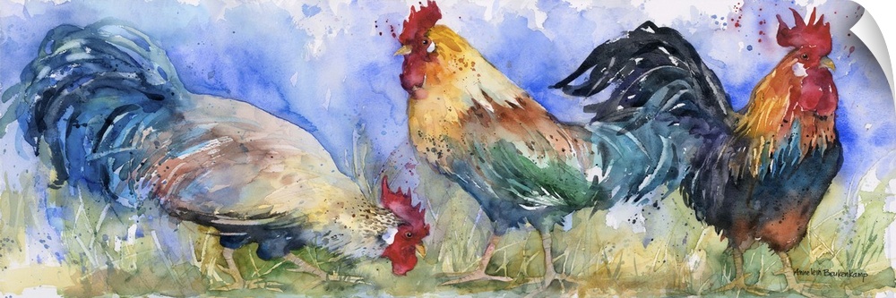 Contemporary watercolor painting of roosters.