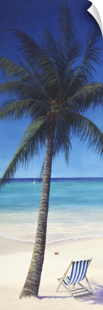 Contemporary artwork of a chair sitting next to a palm tree on a tropical beach.