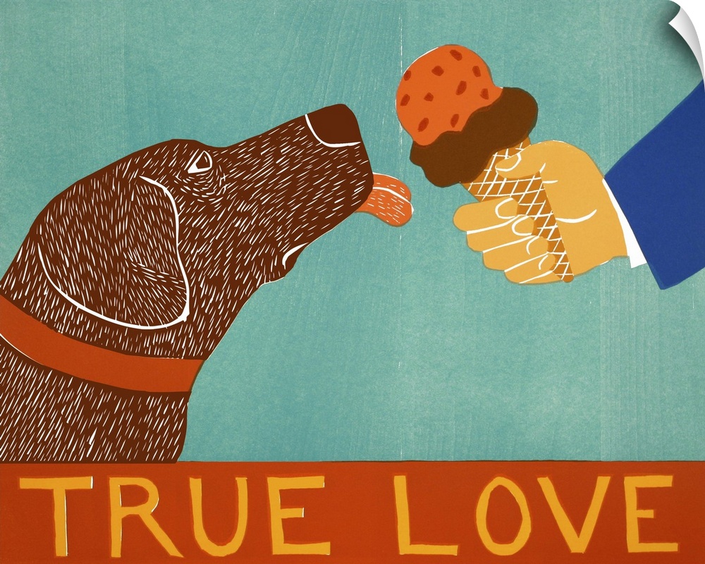 Illustration of a chocolate lab about to lick an ice cream cone with the phrase "True Love" written at the bottom.
