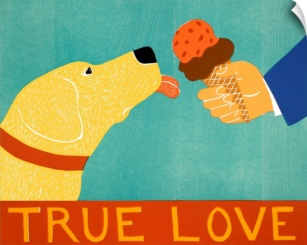 Illustration of a yellow lab about to lick an ice cream cone with the phrase "True Love" written at the bottom.