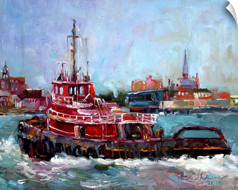 Contemporary painting of a red tugboat.