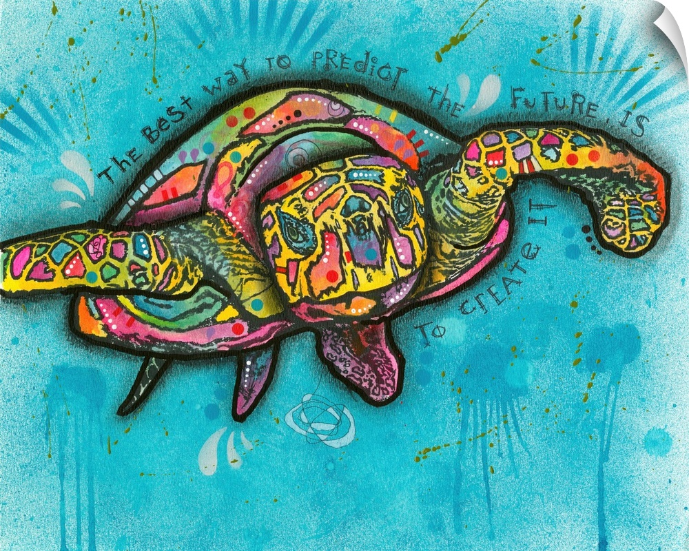 "The Best Way to Predict the Future is to Create it" handwritten around a colorful turtle on a blue background.