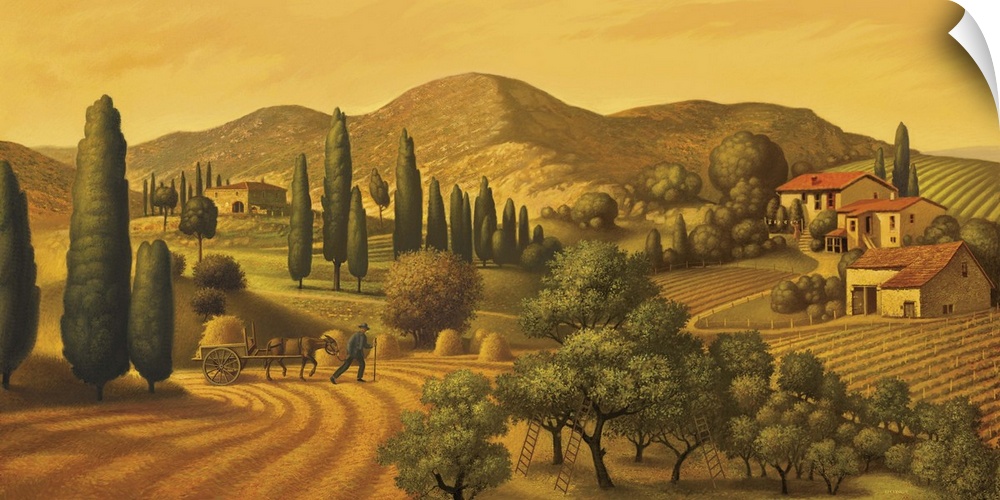Man with a horse and wagon in the center of a Tuscan hillside.