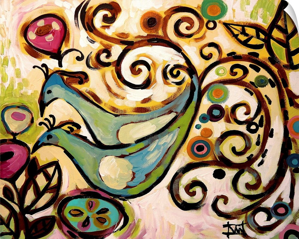 Contemporary painting of two birds with long, curled tail feathers.
