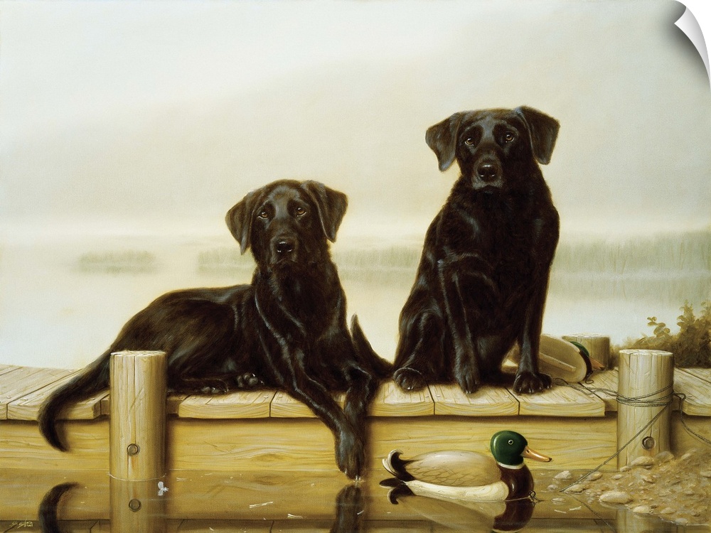 Contemporary painting of a pair of black Labrador retrievers sitting on a dock.