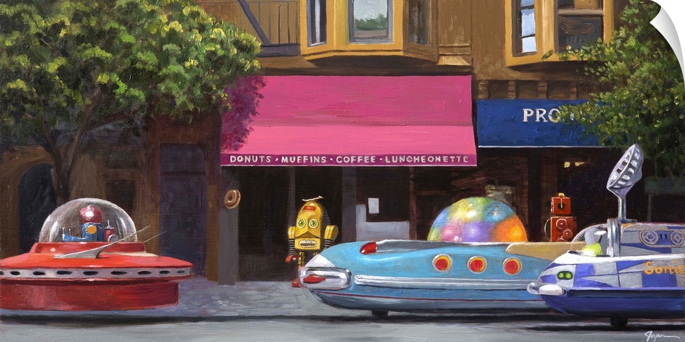 A contemporary painting of a city street scene with retro toy robots driving rocket ship cars.