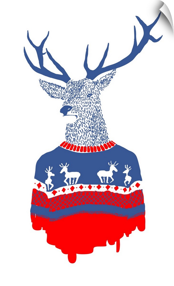 Humorous illustration of a deer wearing a tacky red and blue sweater.