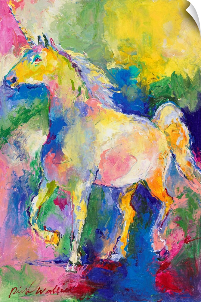 Abstract painting of a colorful unicorn using all of the colors of the rainbow.