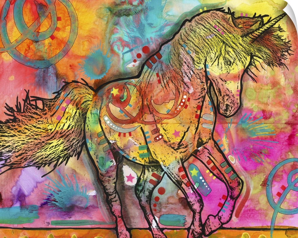 Colorful painting of a unicorn covered in abstract designs.