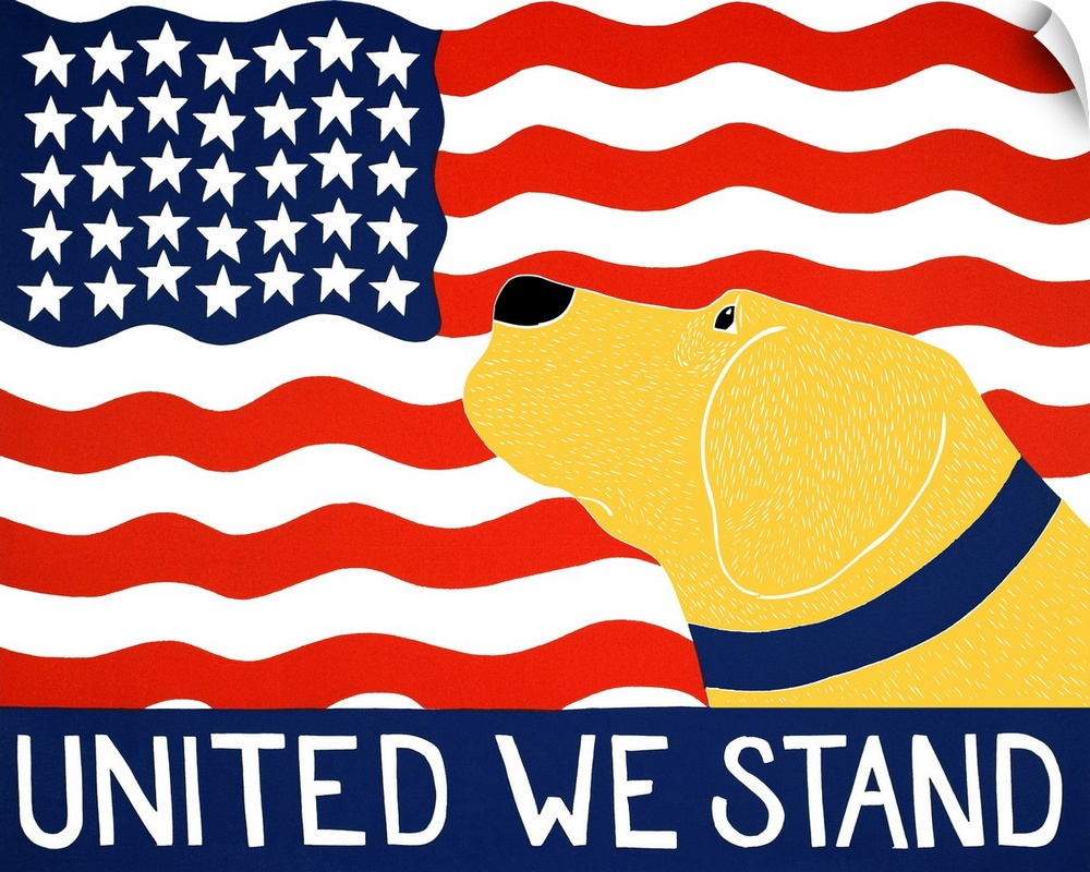 Illustration of a yellow lab looking up at the American flag with the phrase "United We Stand" written at the bottom.