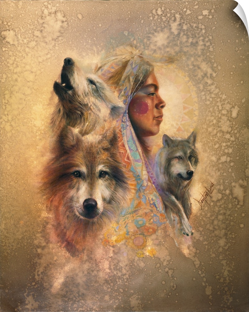 A contemporary painting of a montage of a female profile and wolf portraits.
