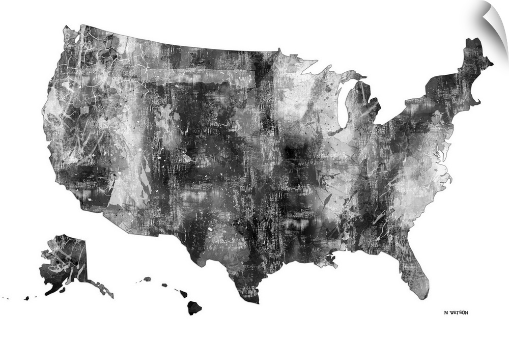 Contemporary black and white watercolor art map of the USA.