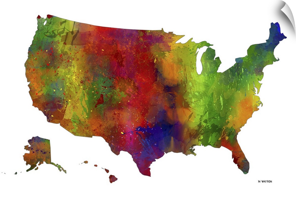 Contemporary colorful watercolor art map of the USA.
