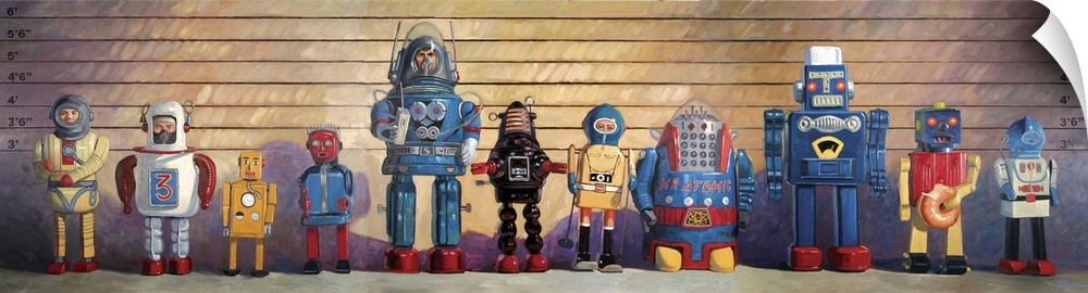A contemporary painting of a police line-up of retro toy robots some of which eating donuts.