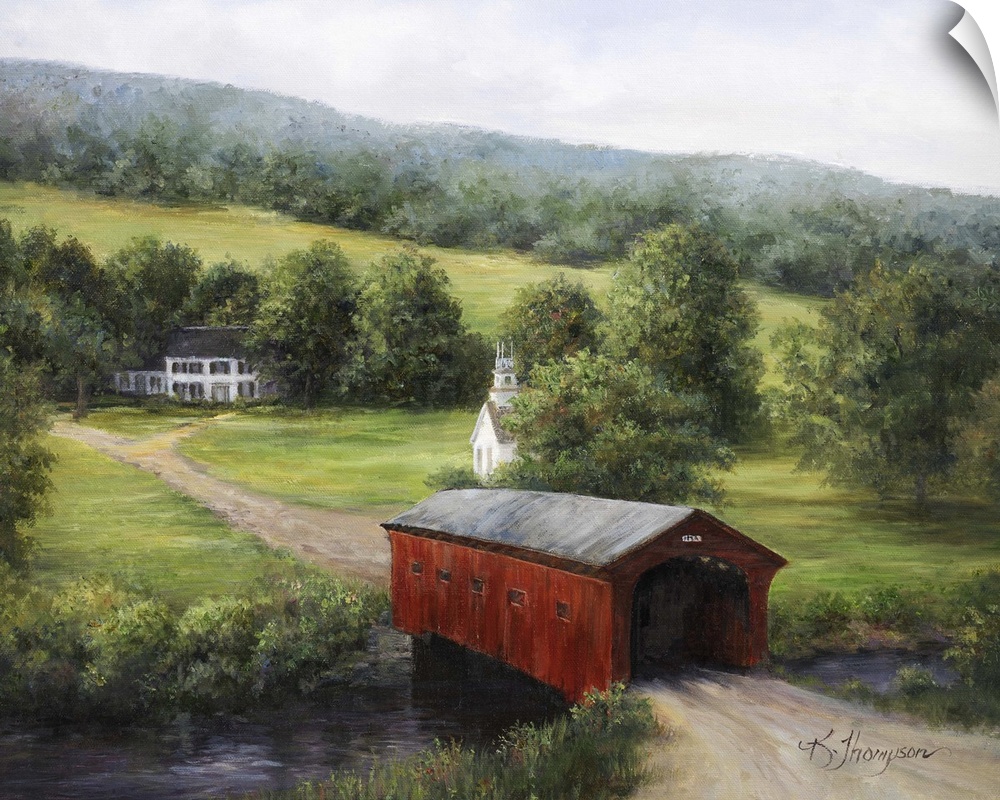 Contemporary colorful painting of an idyllic countryside scene.
