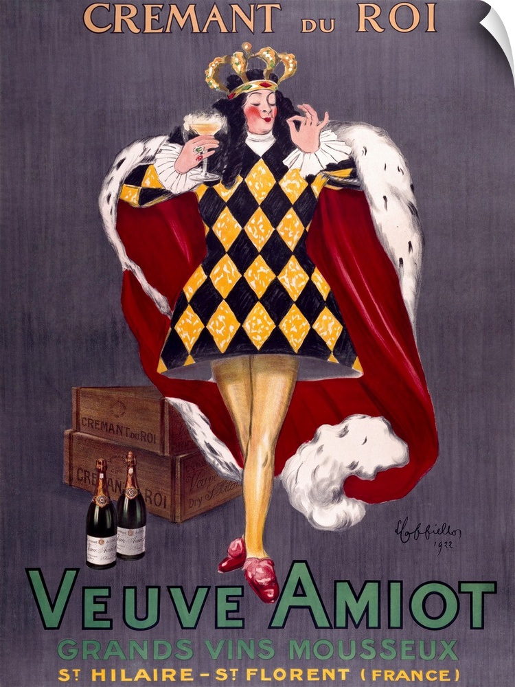 A pompous king, dressed in regalia, sips a glass of Veuve Amiot