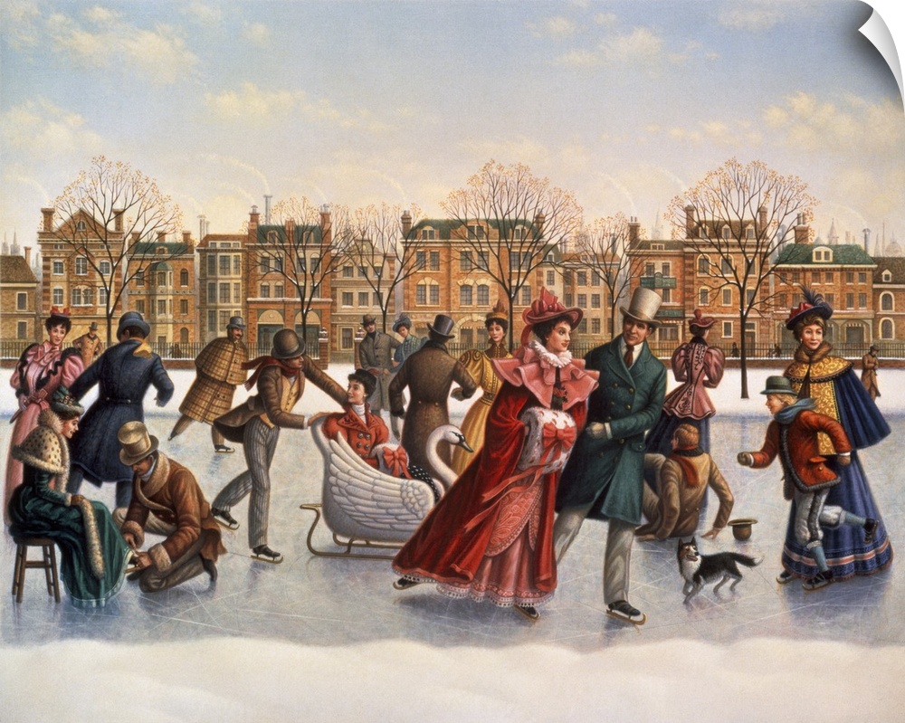 Victorian scene of skaters on a frozen pond in winter.