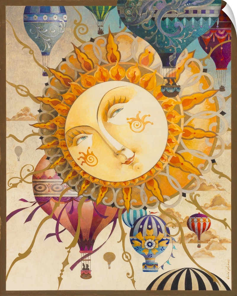 Contemporary artwork of a smiling sun with ornate rays fanned out in all directions, with hovering hot air balloons all ar...