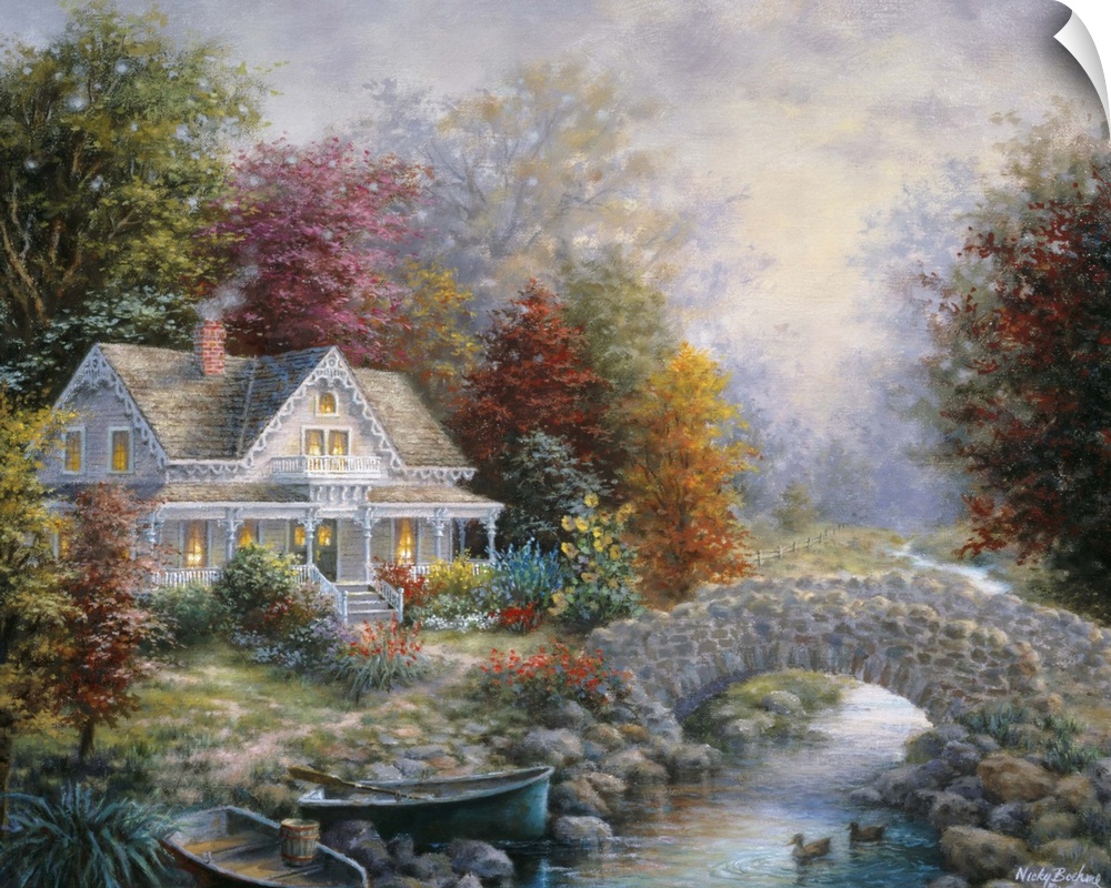 Painting of house with glowing windows next to a bridge. Product is a painting reproduction only, and does not contain act...