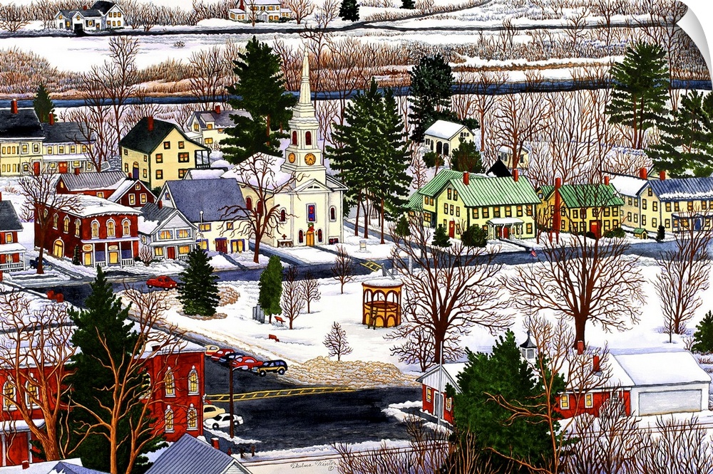 Contemporary painting of an idyllic town in winter.