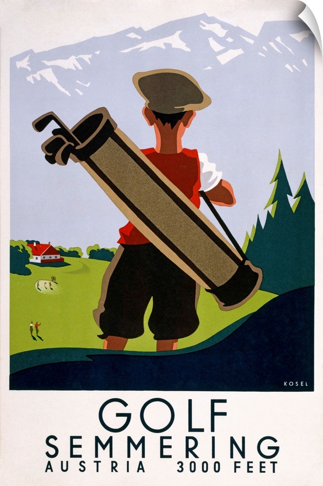 Reads: Golf Semmering Austria 3000 feetperson holding golf bag looking out of course with mountains rising up behind