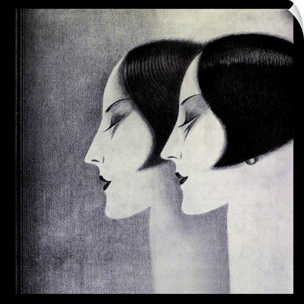 Vintage artwork in the style of art deco of two women with bobbed hairstyles.