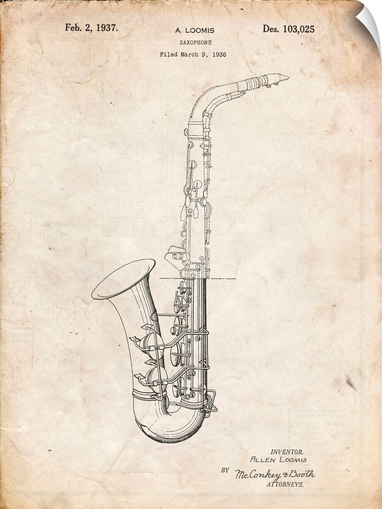 Vintage Parchment Conn A Melody Saxophone Patent Poster