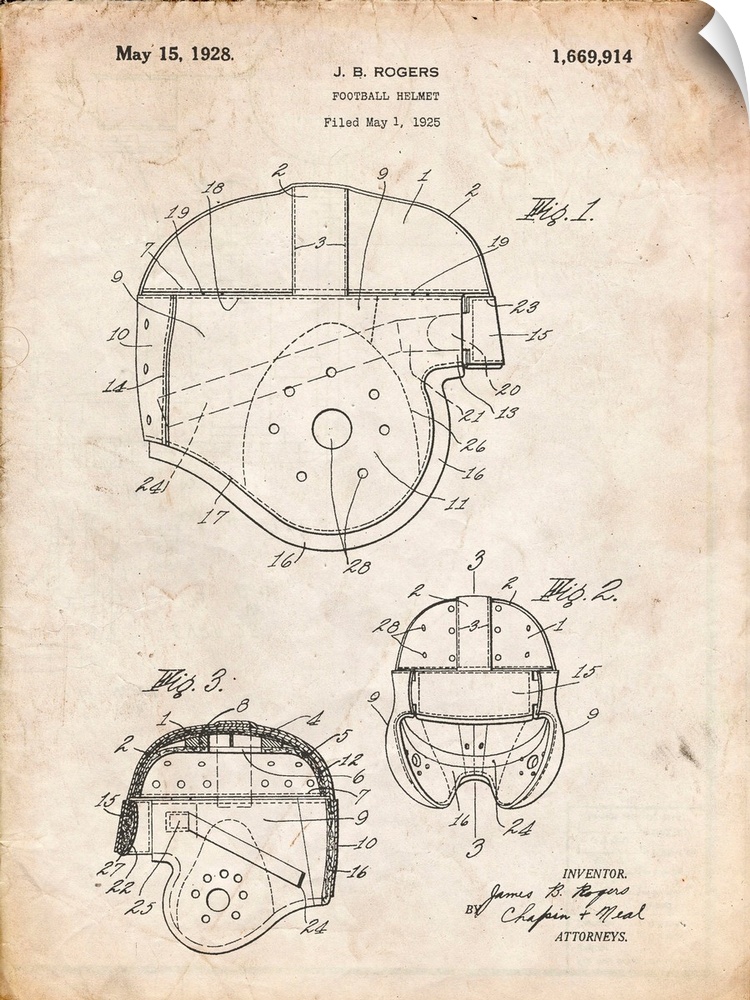 Vintage Parchment Football Helmet 1925 Patent Poster